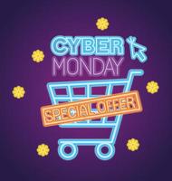 cyber monday neon with cart and cursor vector design