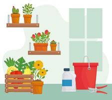 Cute potted plants with bucket, bottle and pliers vector design