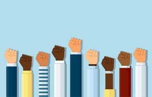 Group of fists raised in air. Group of protestors fists raised up in the air vector illustration