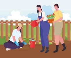 Women gardening outdoors vector