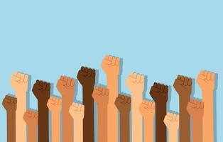 Group of fists raised in air. Group of protestors fists raised up in the air vector illustration