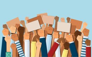 Group of fists raised in air. Group of protestors fists raised up in the air vector illustration