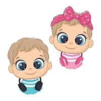 Cute cartoon little girl and boy with headphones listening to music vector