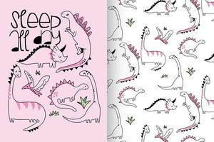 Hand drawn cute dinosaur with pattern set vector