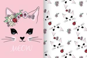 Hand drawn cute kitty with pattern set