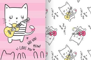 Hand drawn cute kitty with pattern set vector