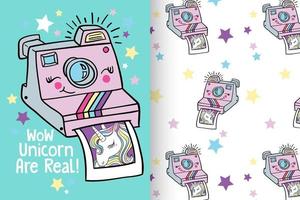 Hand drawn cute unicorn with pattern set vector