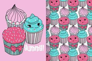 Hand drawn cute cupcake with pattern set vector