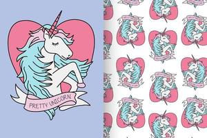 unicornio lindo dibujado a mano con conjunto de patrones vector