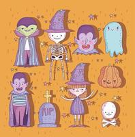 lindo conjunto de halloween con pequeños personajes vector