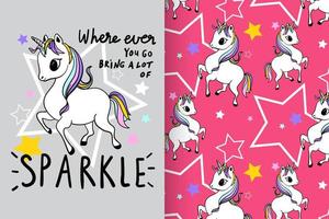 Hand drawn cute unicorn with pattern set vector