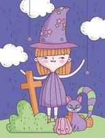 Cute Halloween poster with little witch vector