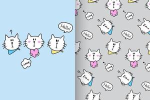Hand drawn cute kitty with pattern set vector