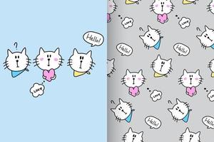 Hand drawn cute kitty with pattern set vector