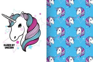 unicornio lindo dibujado a mano con conjunto de patrones vector