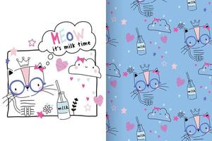 Hand drawn cute kitty with pattern set vector