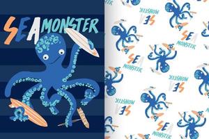 Hand drawn cute octopus with pattern set vector