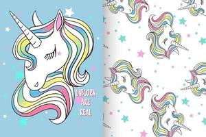 unicornio lindo dibujado a mano con conjunto de patrones vector