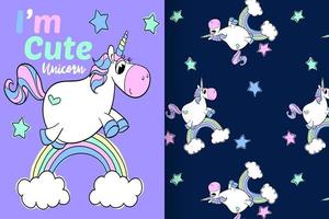 unicornio lindo dibujado a mano con conjunto de patrones vector