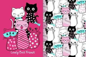 Hand drawn cute kitty with pattern set