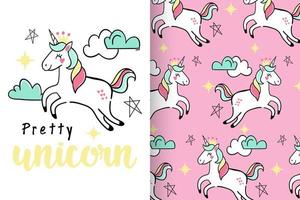 unicornio lindo dibujado a mano con conjunto de patrones vector