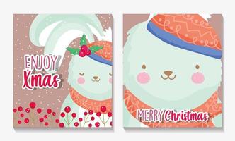 Merry Christmas card set with happy rabbit vector