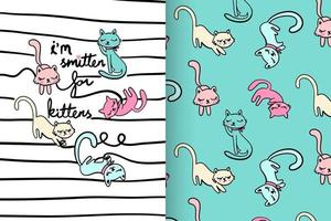 Hand drawn cute kitty with pattern set vector