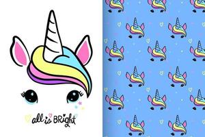 Hand drawn cute unicorn with pattern set vector