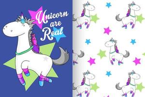 unicornio lindo dibujado a mano con conjunto de patrones vector