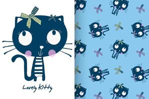 Hand drawn cute kitty with pattern set vector