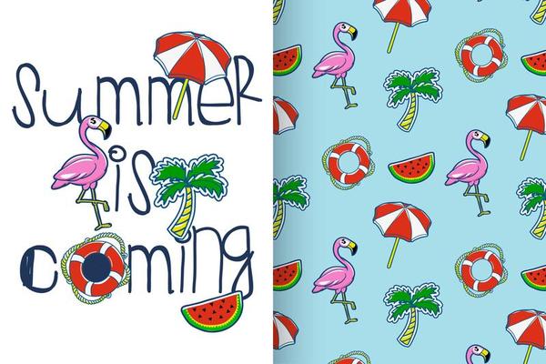 Hand drawn cute flamingo with pattern set