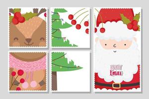 Merry Christmas card set with happy Santa Claus and reindeer vector