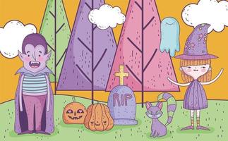 lindo cartel de halloween con pequeños personajes vector