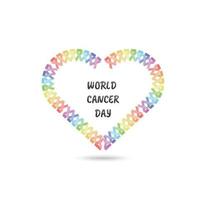 banner del día mundial del cáncer con forma de corazón de cinta de colores vector