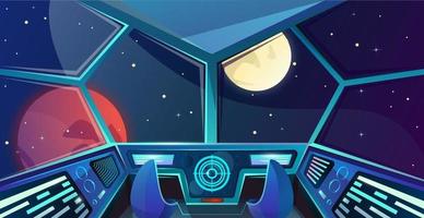 interior de la nave espacial del puente de capitanes con silla en estilo de dibujos animados. puesto de mando futurista. ilustración vectorial con radar, pantalla, holograma, luna, marte y estrellas. espacio. vector cosmos