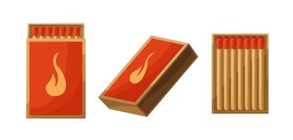 Matchbox set. Open and closed, full of matches. Vector illustration cartoon style isolated on white background.