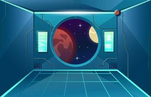 Porthole on hallway in spaceship. Moon and mars planet in viewport. Futuristic interior room. Background for games and mobile applications. Vector cartoon background