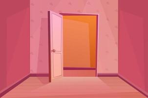 Open door. Indoors. Entering the room. Cartoon vector illustration in pink colors.