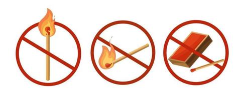 No fire, no open flame sign. Burning match with fire. Matchbox. Vector illustration cartoon style isolated on white background.