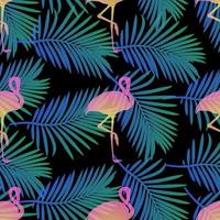 Seamless tropical pattern with flamingos and palm leaf vector