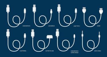 USB cables set. Type A, B and type C plugs, mini, micro, lightning, hdmi, 30-pin, jack. Universal computer white cable connectors.Vector illustration in cartoon style. vector