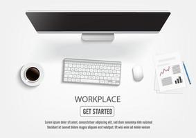 Realistic workplace desktop. Top view desk table, personal computer with keyboard. vector