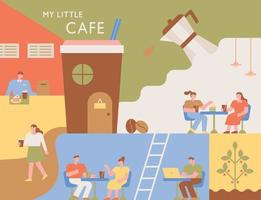 Coffee shop poster. Interior of a coffee shop with various layouts. People are sitting at the table and drinking coffee. vector