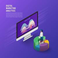 estrategia empresarial de concepto de diseño plano. Diseño plano isométrico 3d. análisis de datos e inversión. Éxito en el negocio. revisión financiera con elementos portátiles y de infografía. vector