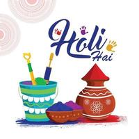 Holi background concept with color gun, mud pot with color and color bowl vector