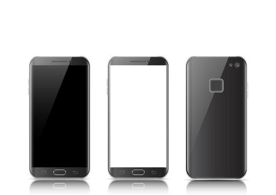 Modern black touchscreen cellphone, tablet, smartphone isolated on light background. Phone front and back side isolated.