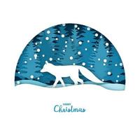 Merry Christmas card. White fox in the snow forest. Greeting card template in paper cut craft style. vector