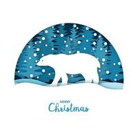 Merry Christmas card. White bear in the snow forest. Greeting card template in paper cut craft style. Origami concept. vector
