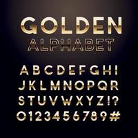 Golden glossy font. English alphabet and numbers sign. Metallic letters. vector