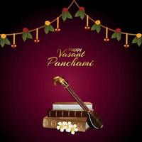 Vasant panchami creative background with saraswati veena and books vector